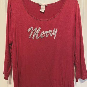 Exclusive One-Red/Maroonish 3/4" sleeve-Sparkle "Merry"-Size XL-Holiday-Cheers
